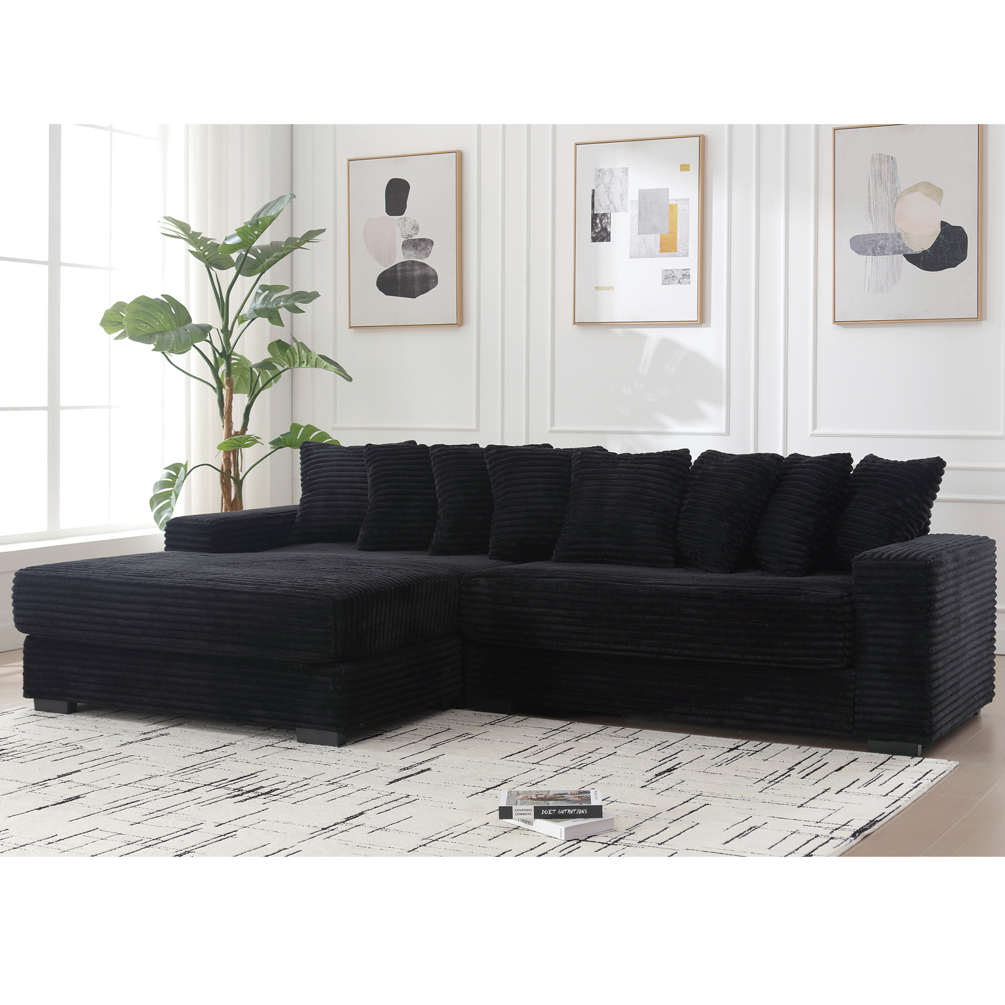 [NEW ARRIVED] [VIDEO PROVIDED] Oversized Two-Piece  Couches,  L Shaped Sofa, Corduroy, Left Chaise Daybed,with Armrests,Eight Throw Pillows,Corner Sofa,Easy To Assemble, Black