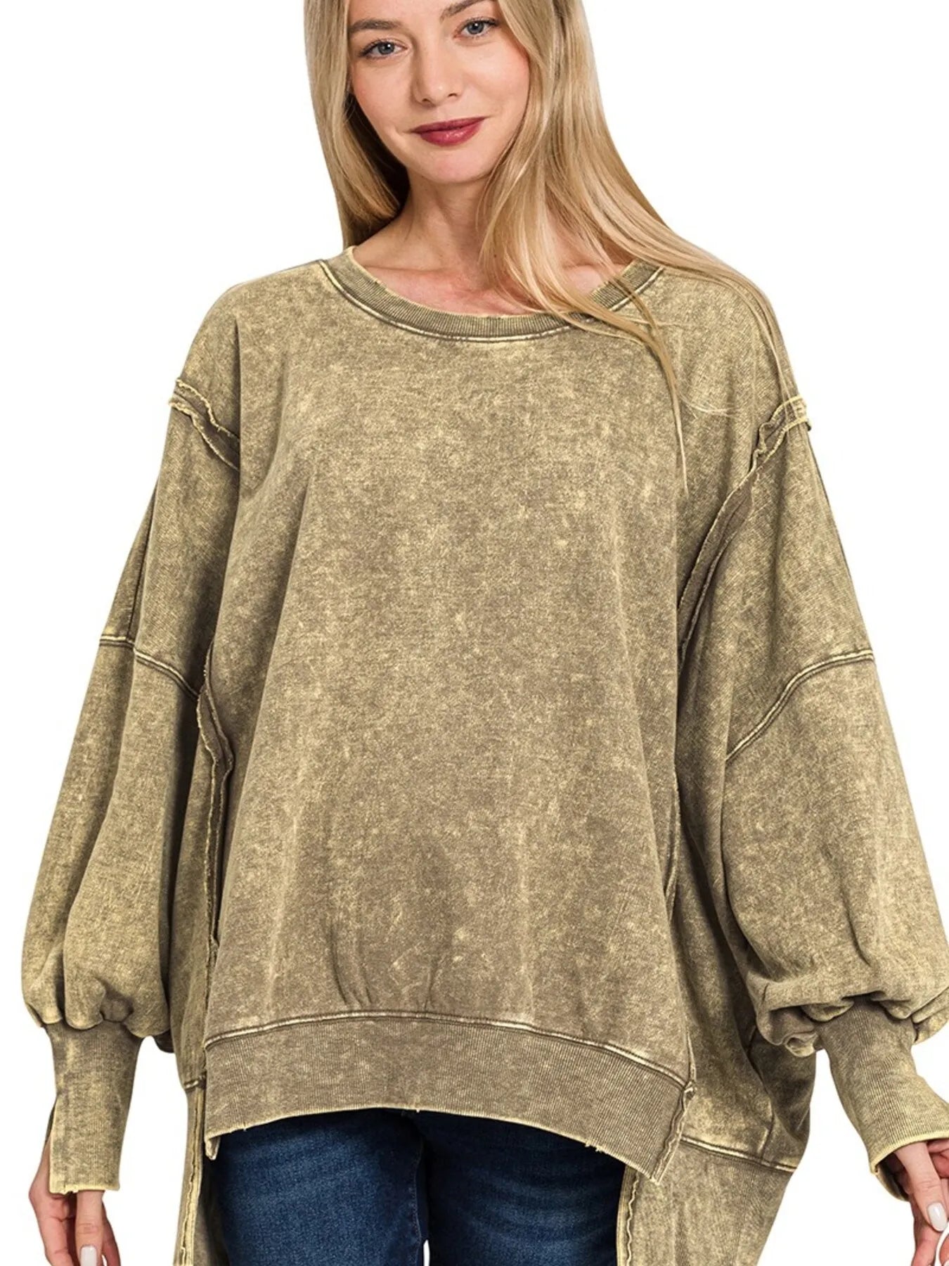 Garden Naked Acid Wash Exposed-Seam High Low Sweatshirt