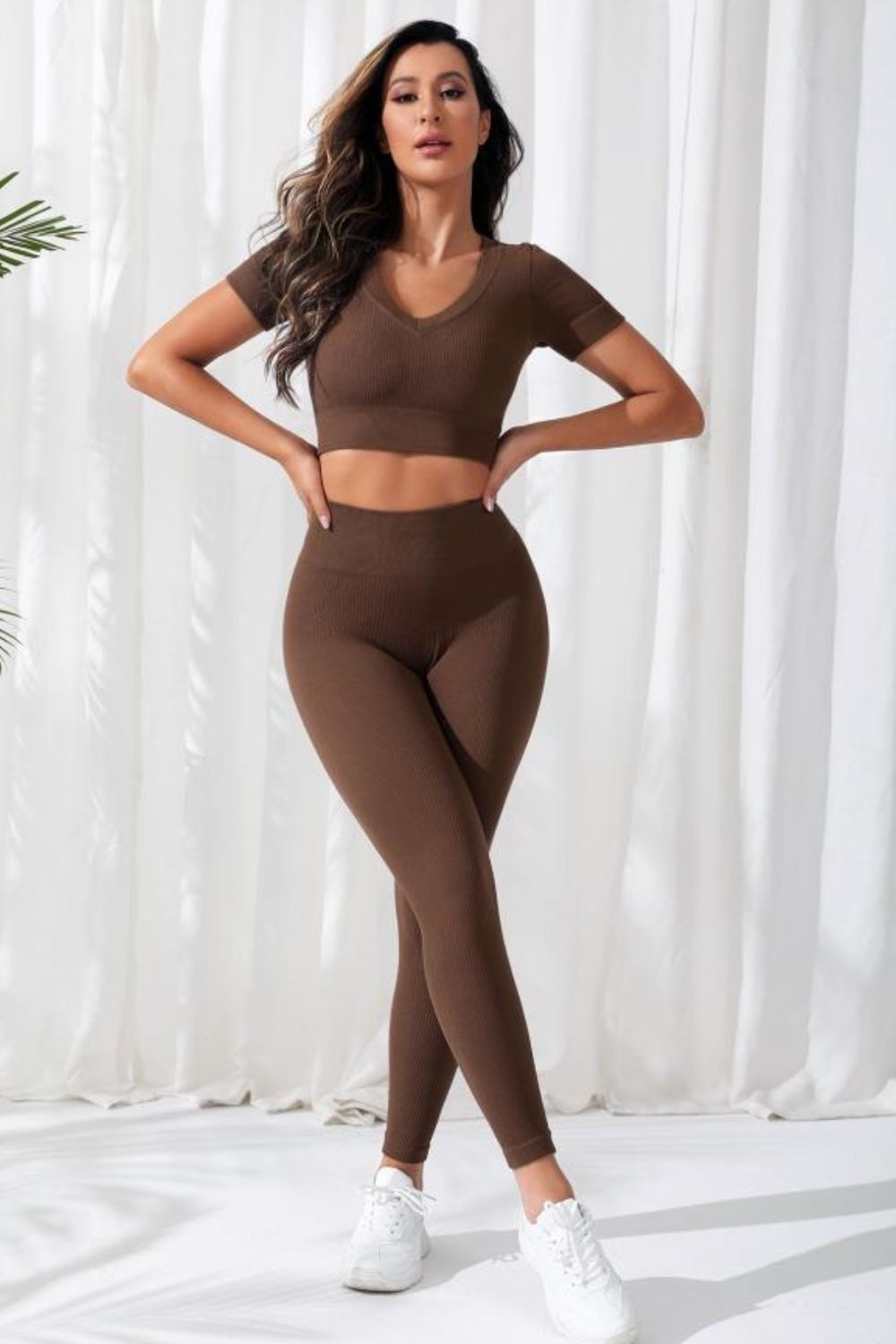 “Choco Flex” V-Neck Crop &amp;amp; High Waist Legging Set – 2PC Activewear