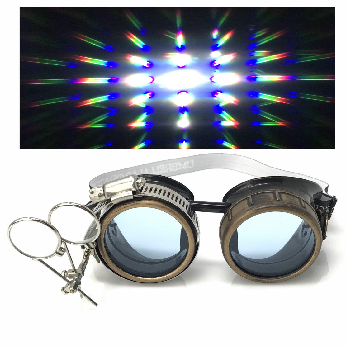 Steampunk Goggles with magnifying loupes UV glow neon blue prism diffraction lenses