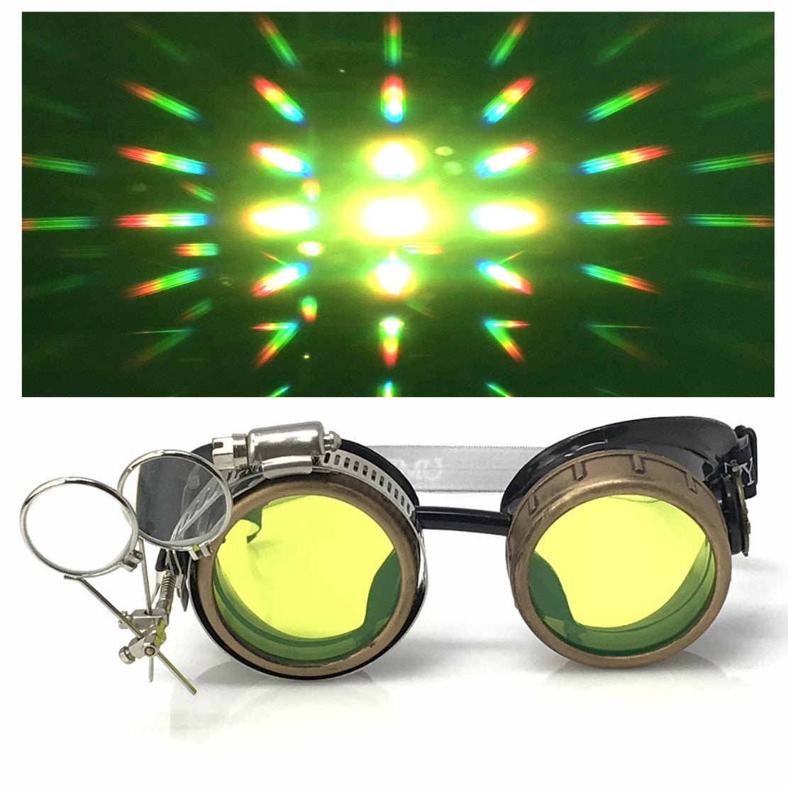 Steampunk Goggles with magnifying loupes UV glow neon green prism diffraction lenses