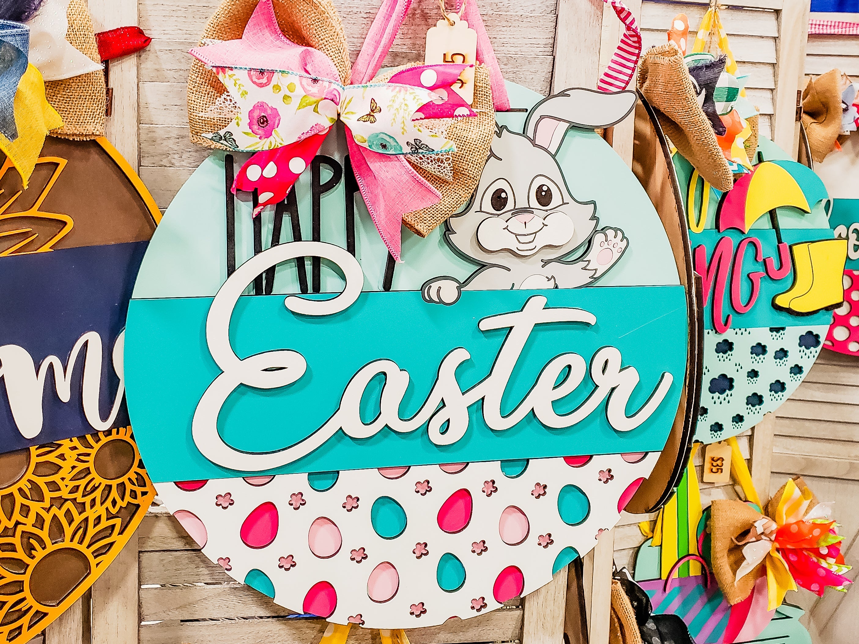 Happy Easter Waving Bunny Door Hanger Finished