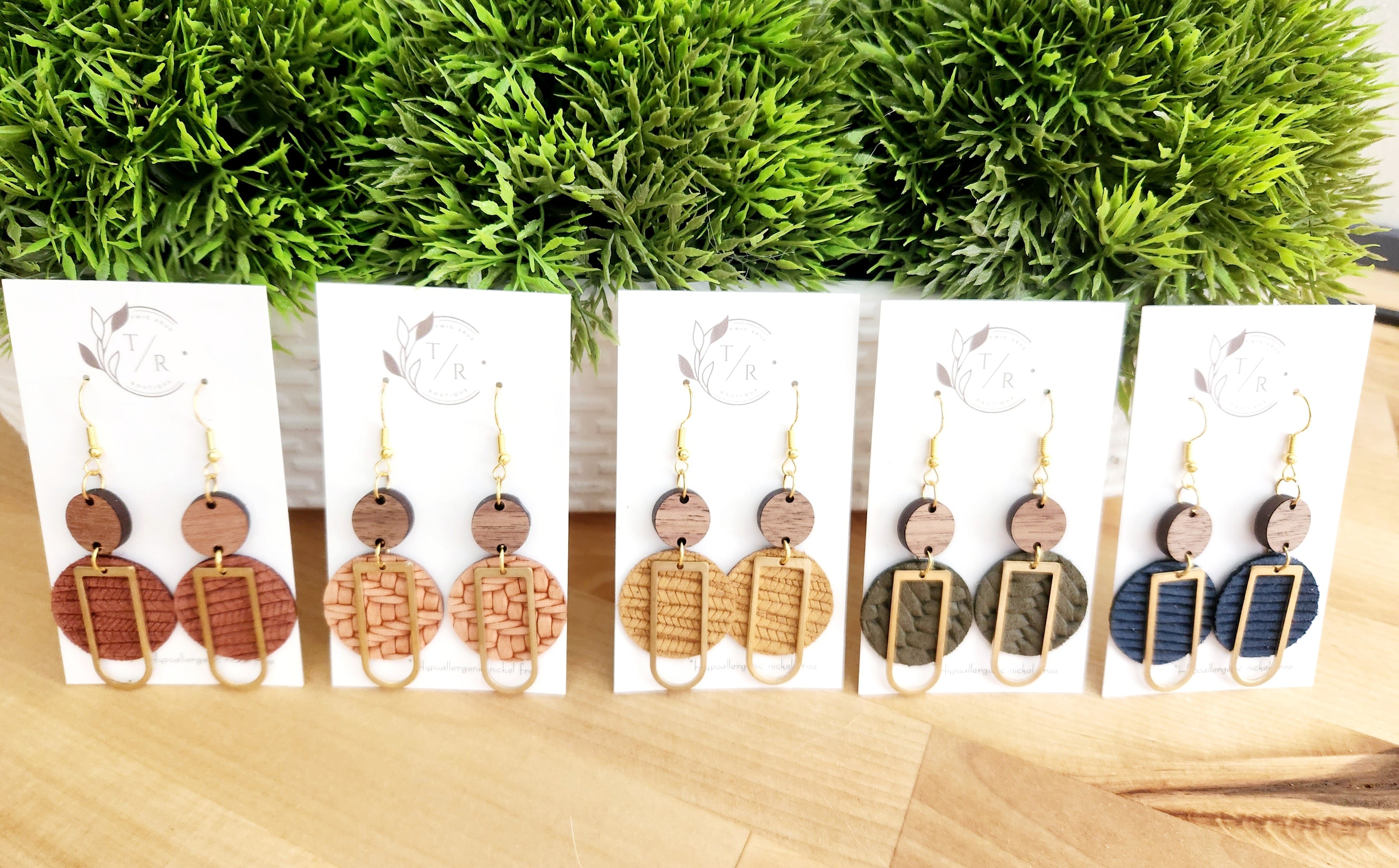 Blake| Leather circle earrings with wood and brass