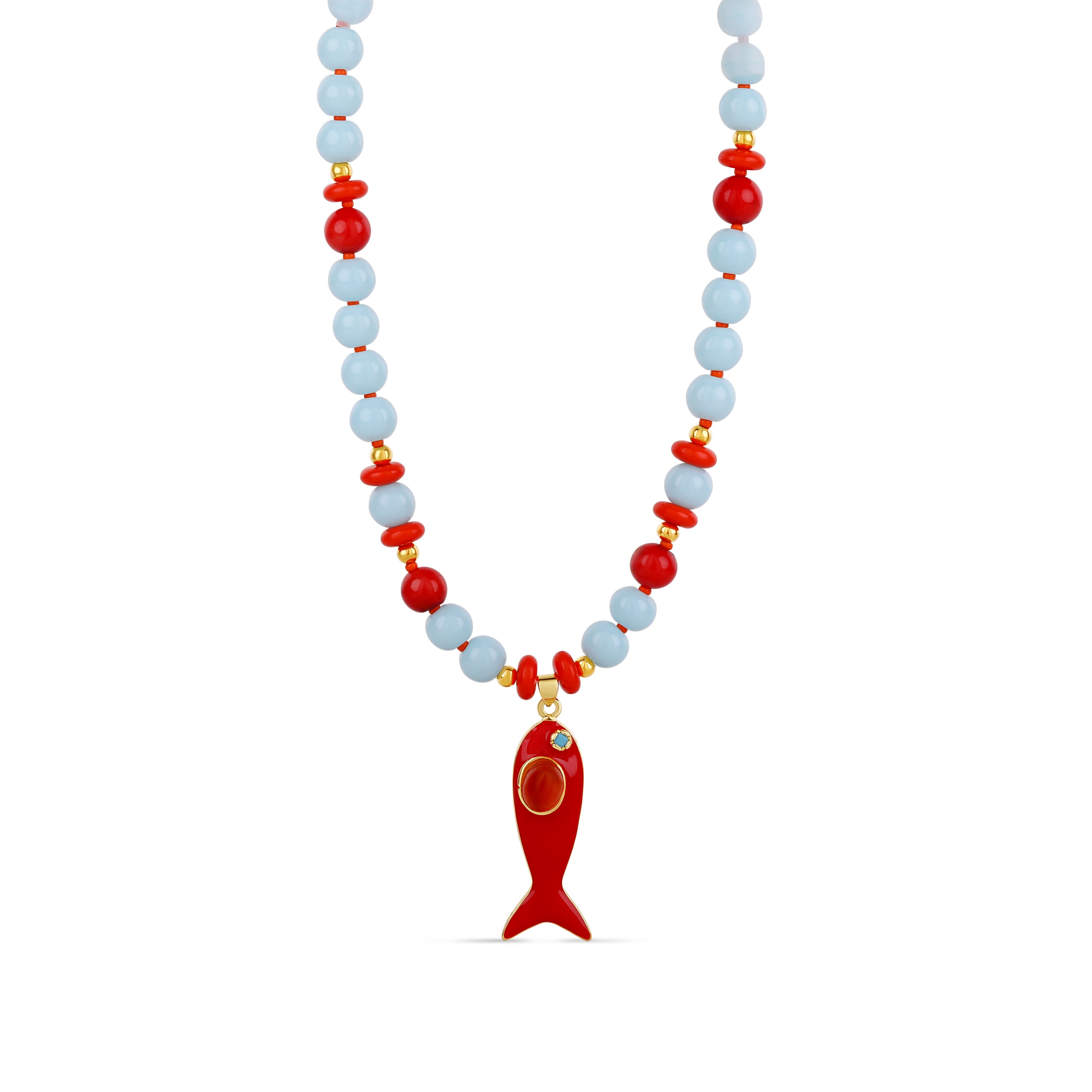 Coral Reef Fish Charm Necklace - Ocean Blue &amp;amp; Coral Beaded Necklace