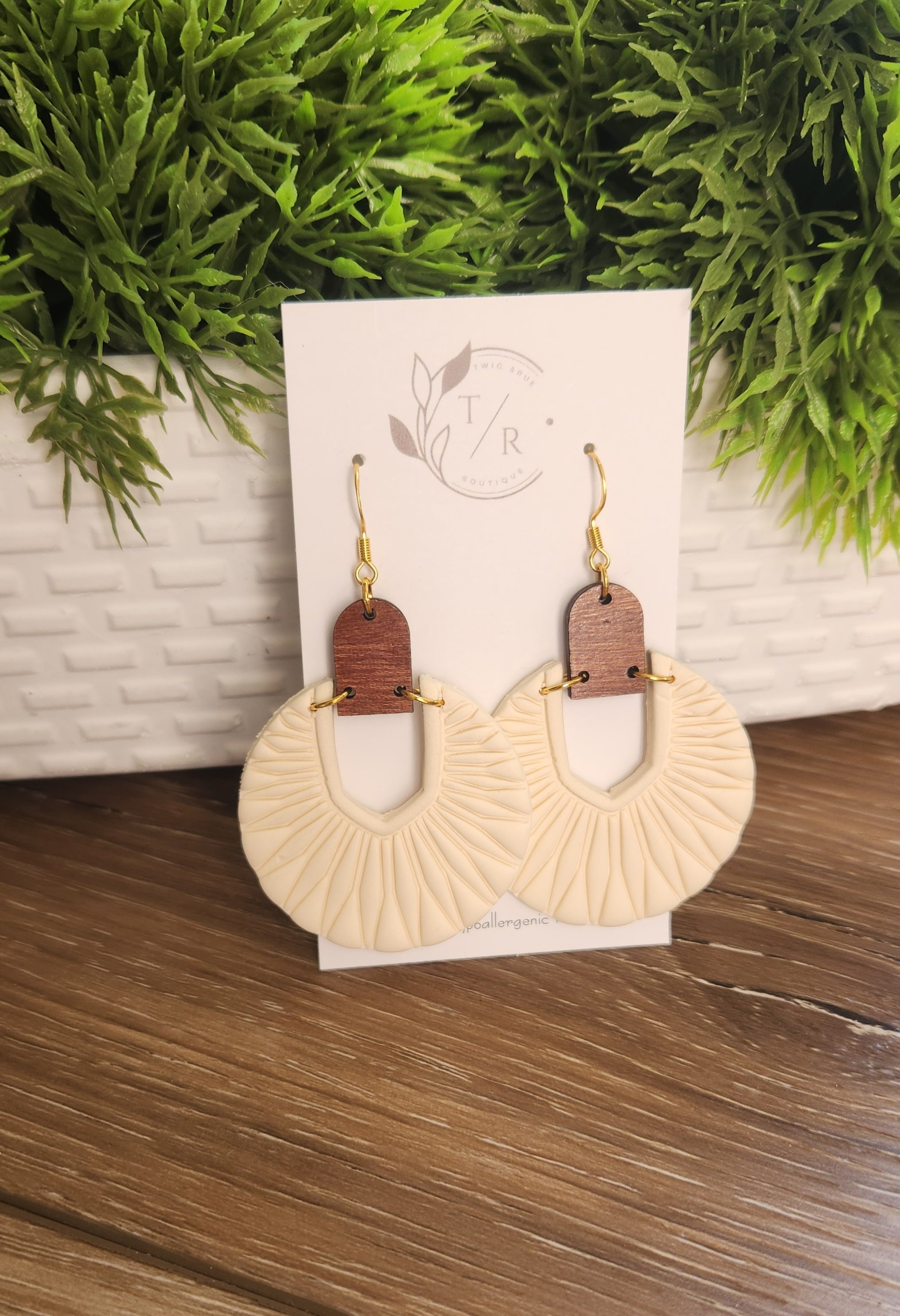 Luna| Embossed Clay & Wood statement earring