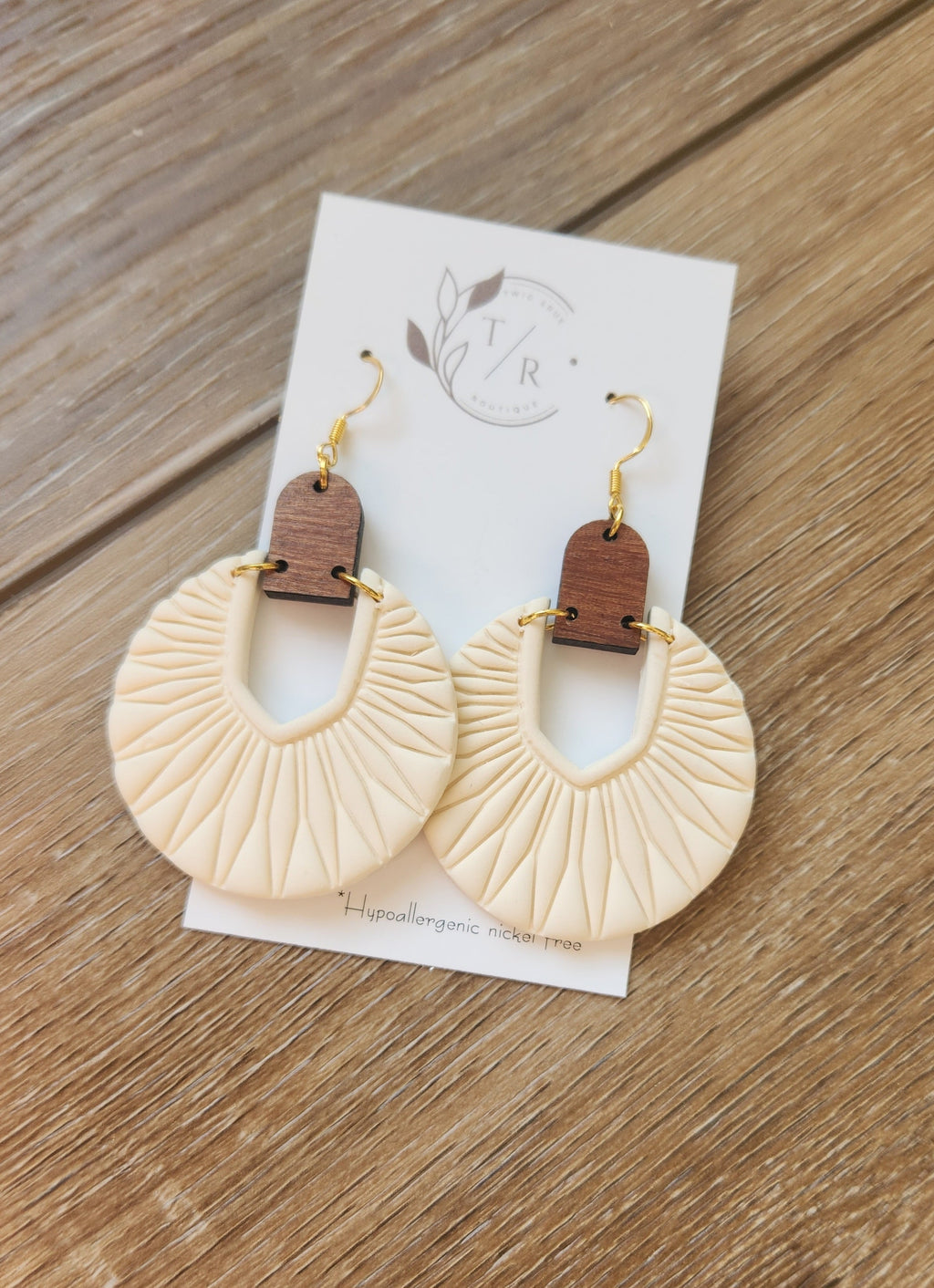 Luna| Embossed Clay & Wood statement earring