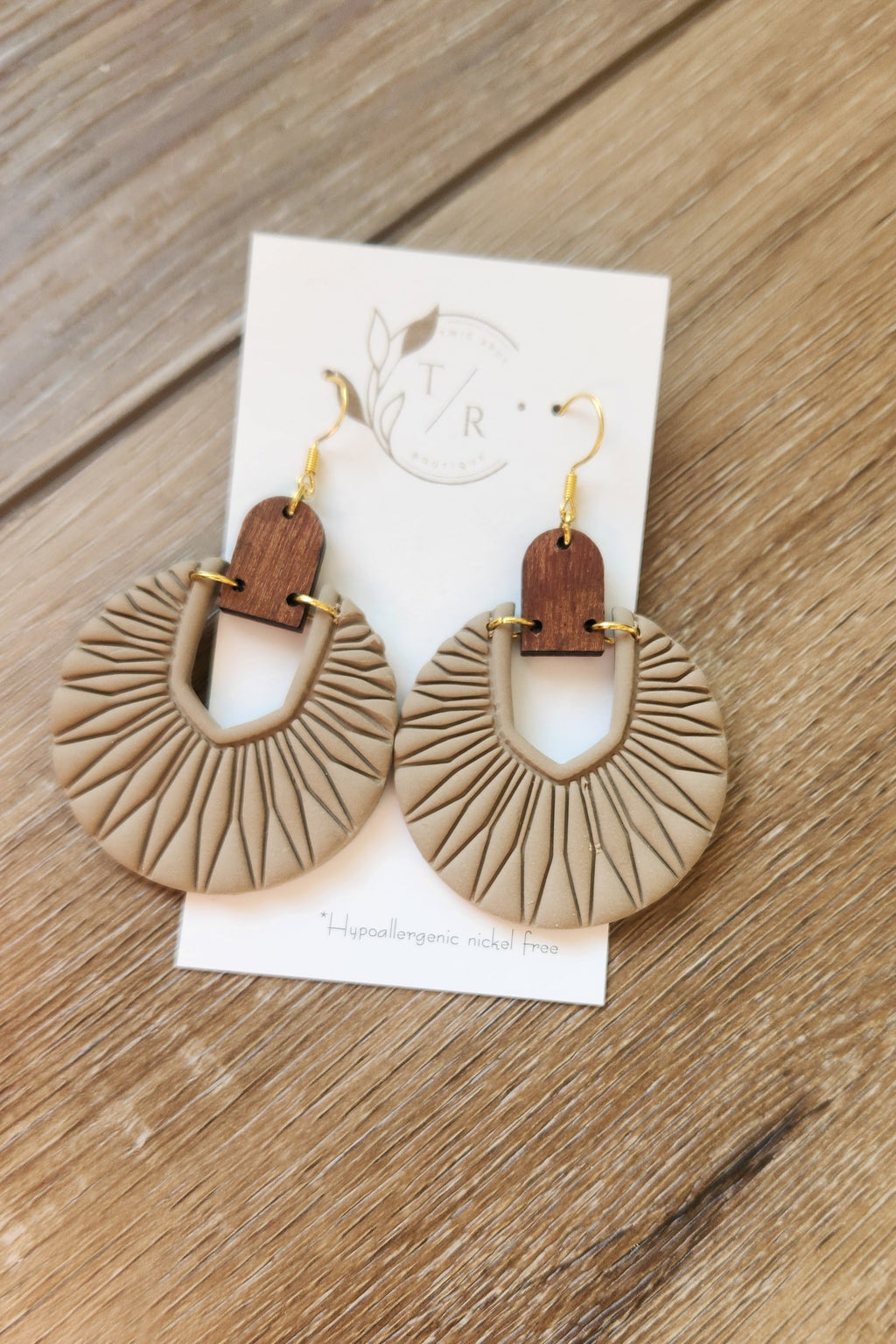 Luna| Embossed Clay & Wood statement earring