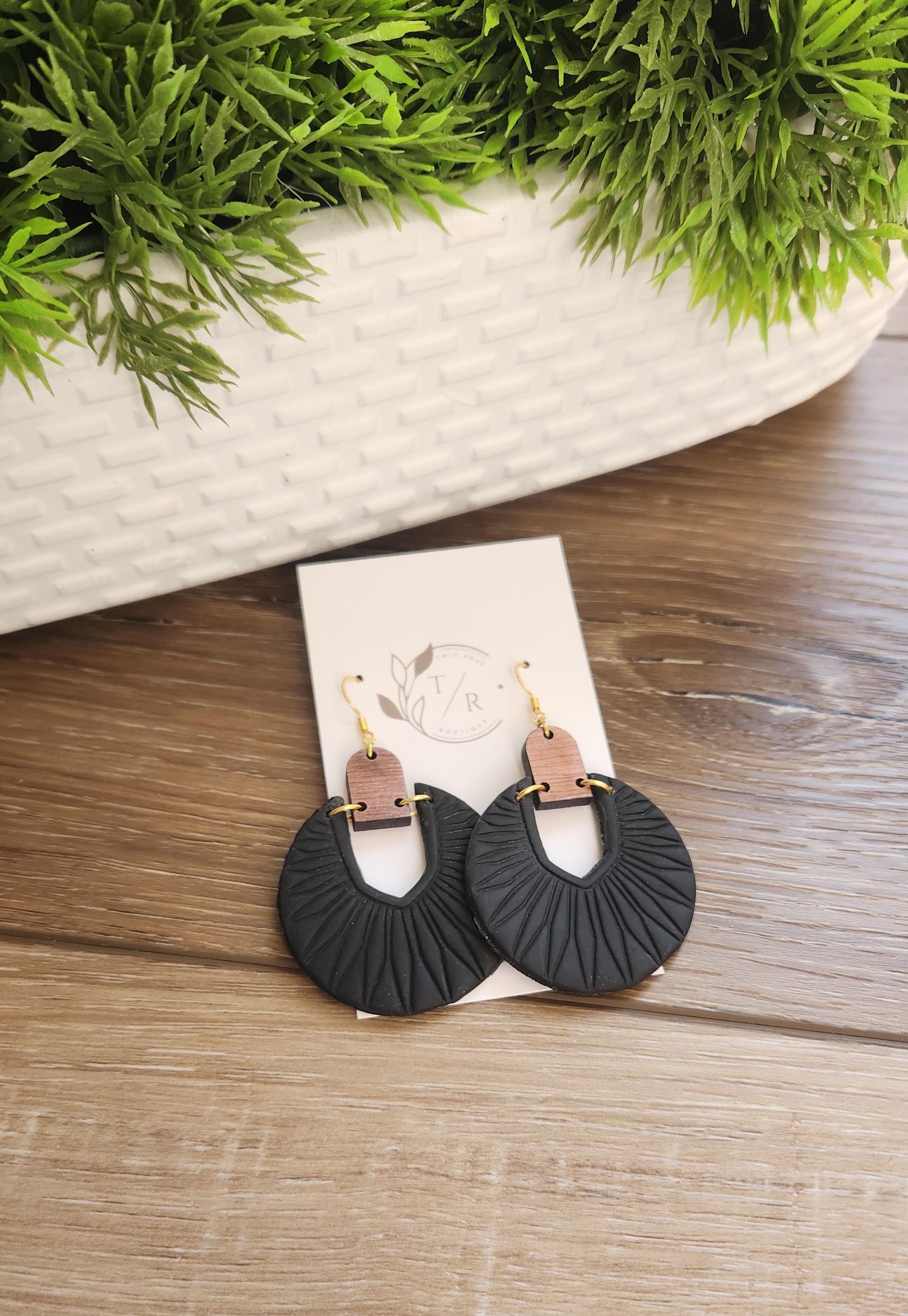 Luna| Embossed Clay & Wood statement earring