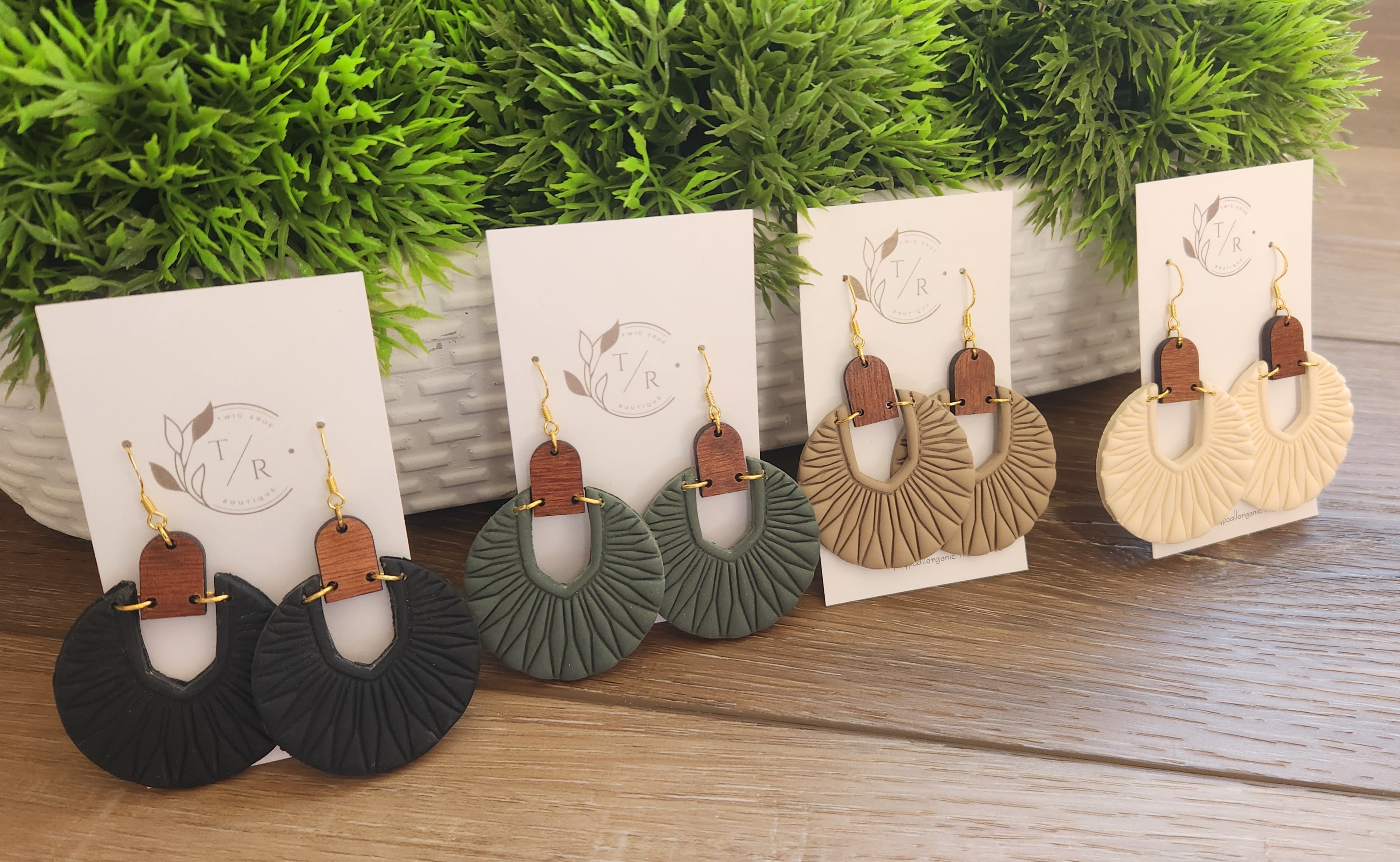 Luna|  Embossed Clay &amp;amp; Wood statement earring