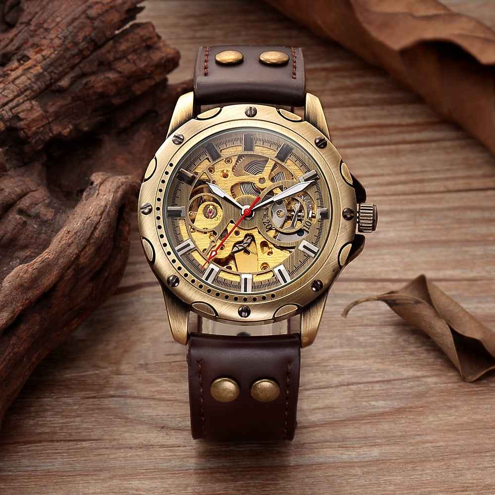 Men&amp;#39;s Bronze Steampunk Watch - 44mm Automatic Skeleton Timepiece