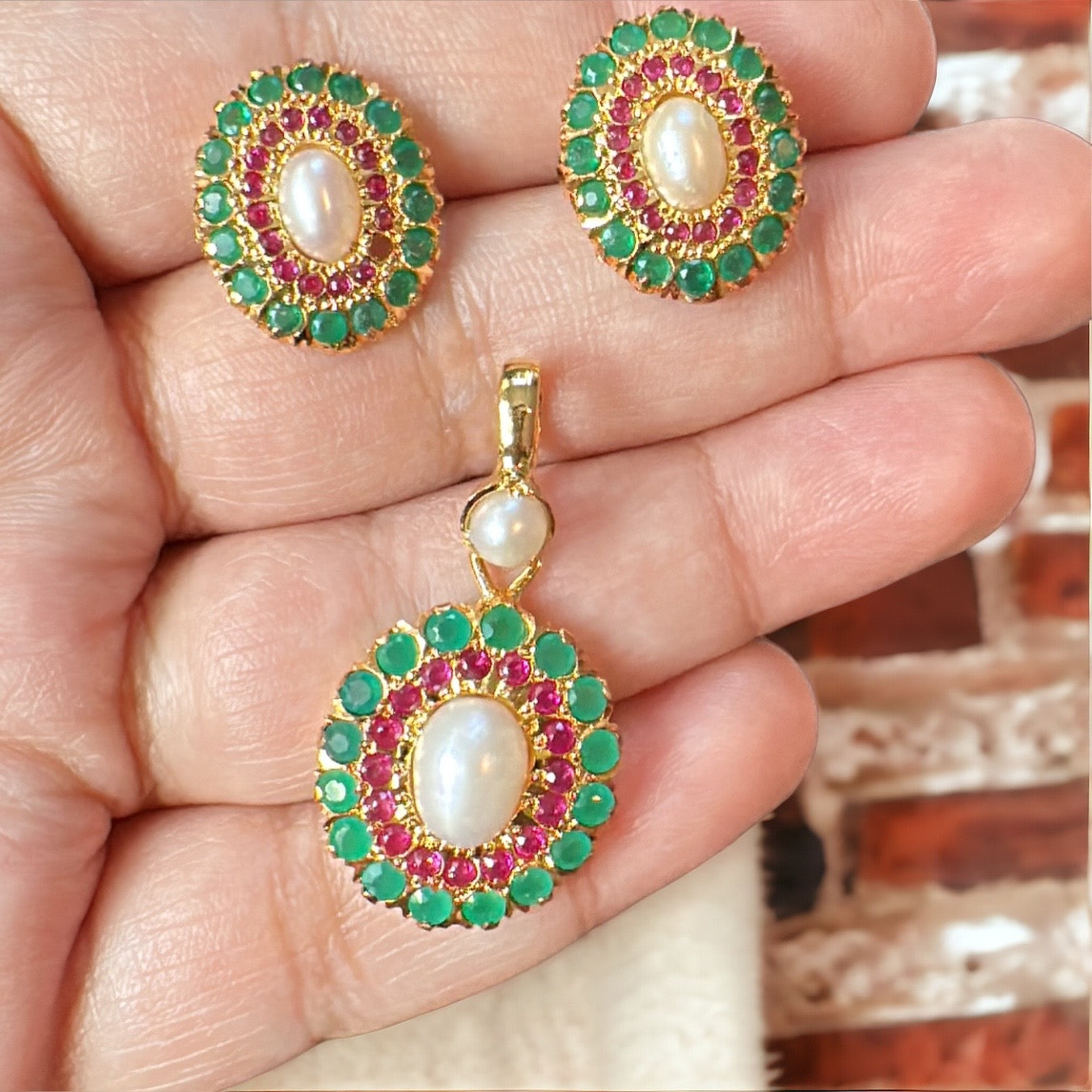 Gold plated jadau silver pendant set in ruby emeralds   ( SHIPS IN 4 WEEKS )