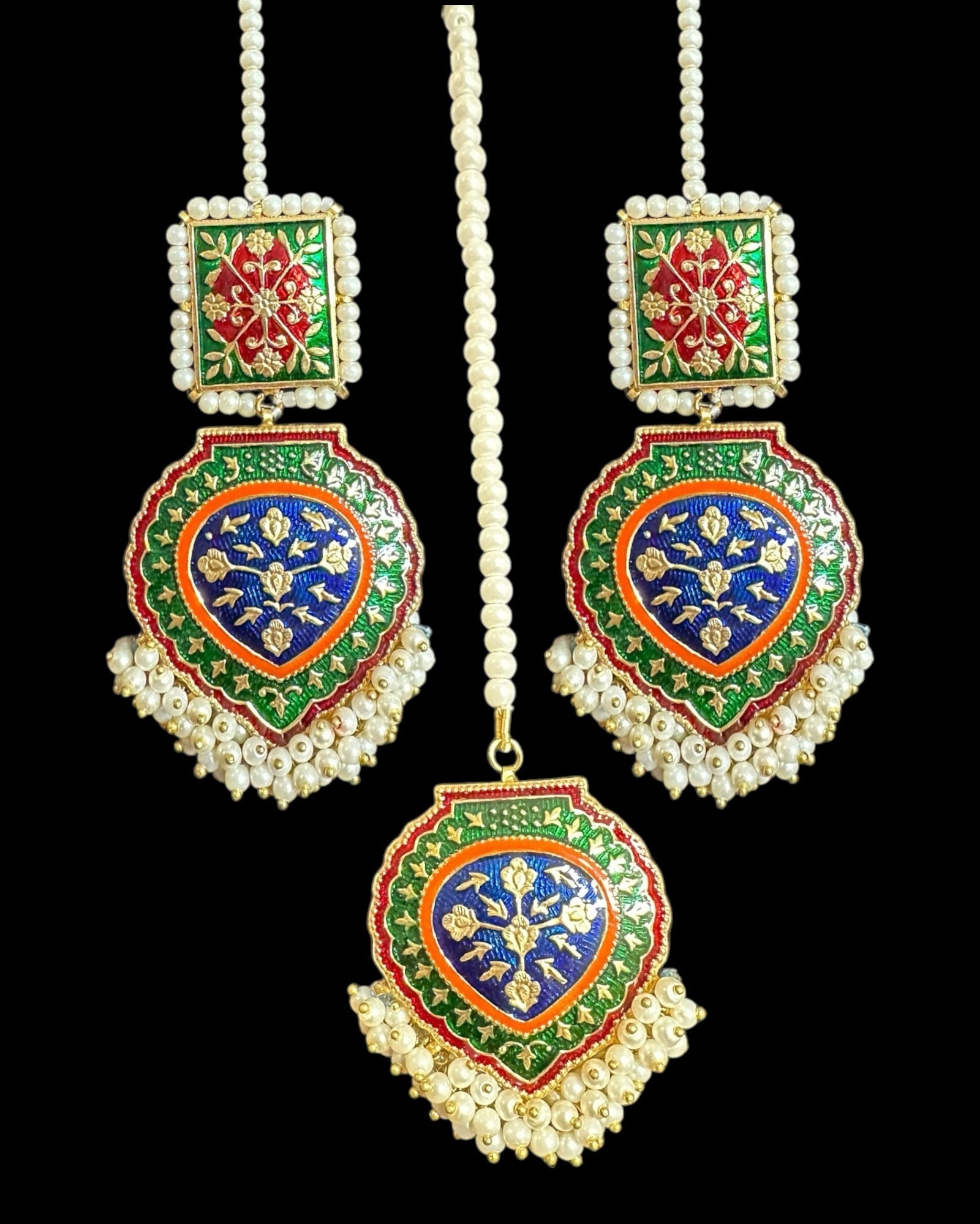DJET82 Ulfat meenakari earrings teeka set  (READY TO SHIP )