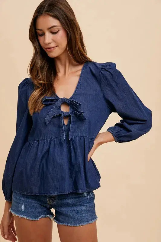 Annie Wear Navy Blue Denim Peplum Top Small
