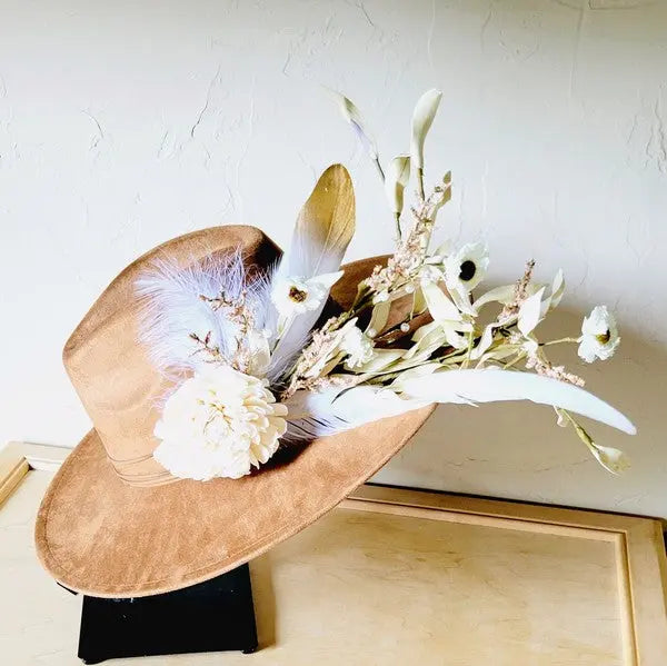 Boho Western Wedding Floral Feather Bridal Hat Tan