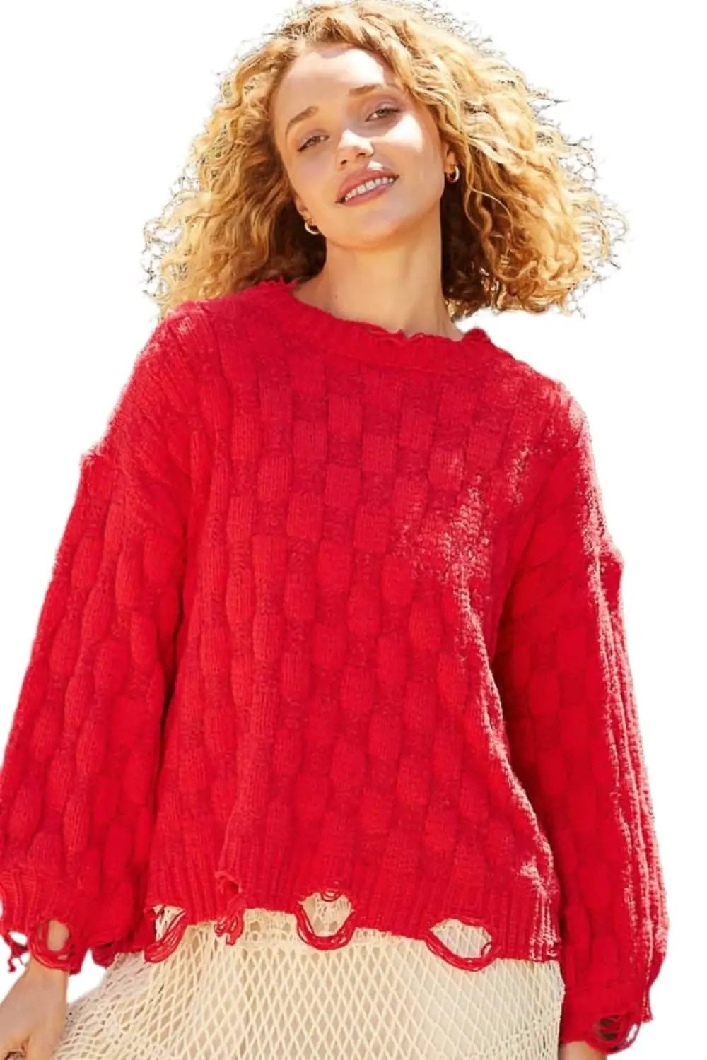 Trendsi Checkered Sweater Women&amp;#39;s Distressed Knit Top USA Shipped