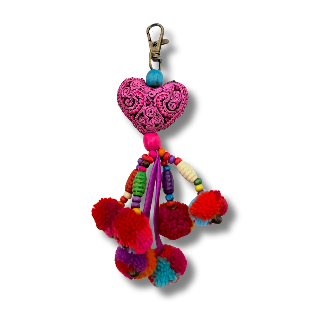 Hearts Pom Pom Zipper Pull Multicolor Tassel (Pink) - Thailand