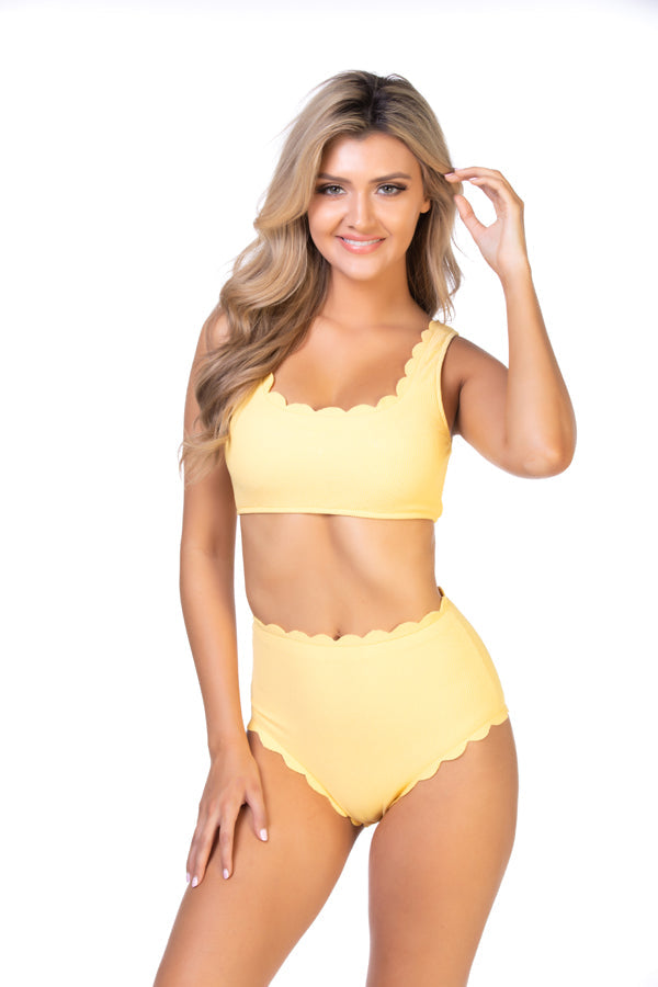 SOLID YELLOW TEXTURED SCALLOP HIGH WAIST BIKINI SET