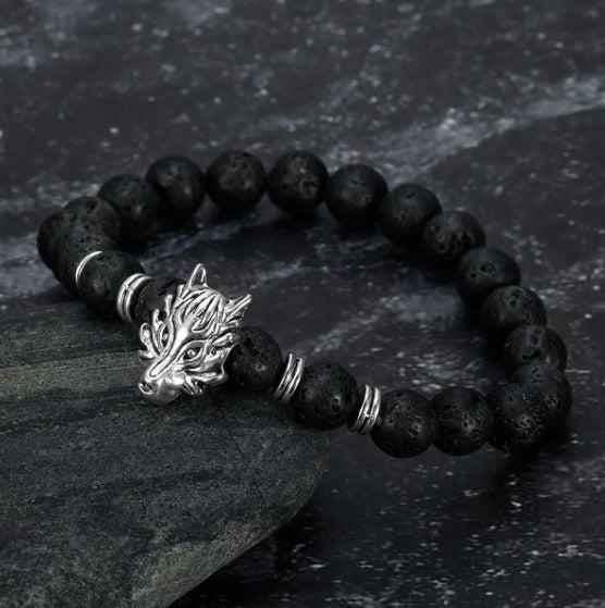 Asgard Grey Wolf Head Bracelet with Lava Stone