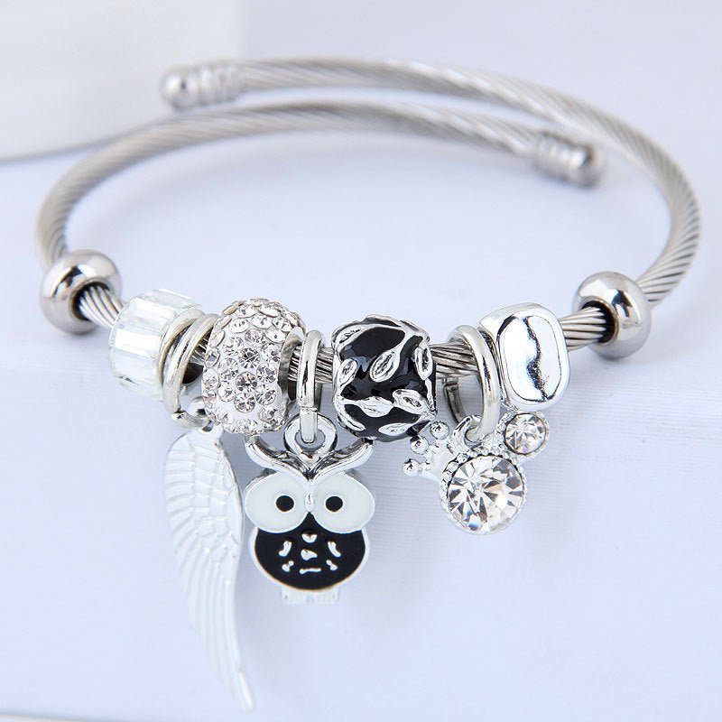 Beaded Owl Bracelet with Angel Wings - Stainless Steel Charm Bracelet