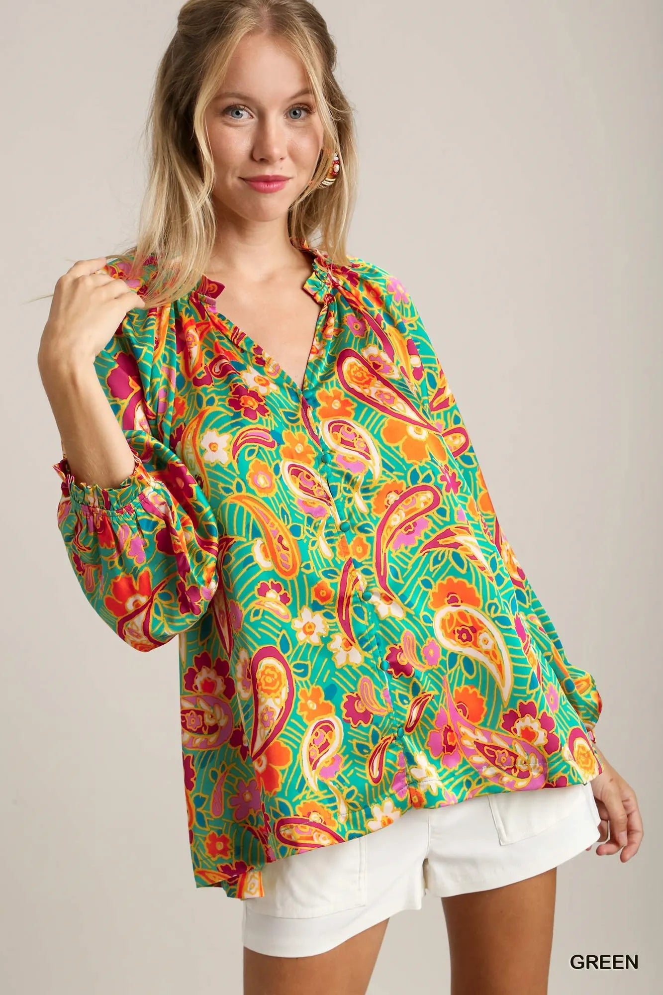 Umgee Satin Paisley Ruffle Neck Button-Up Shirt