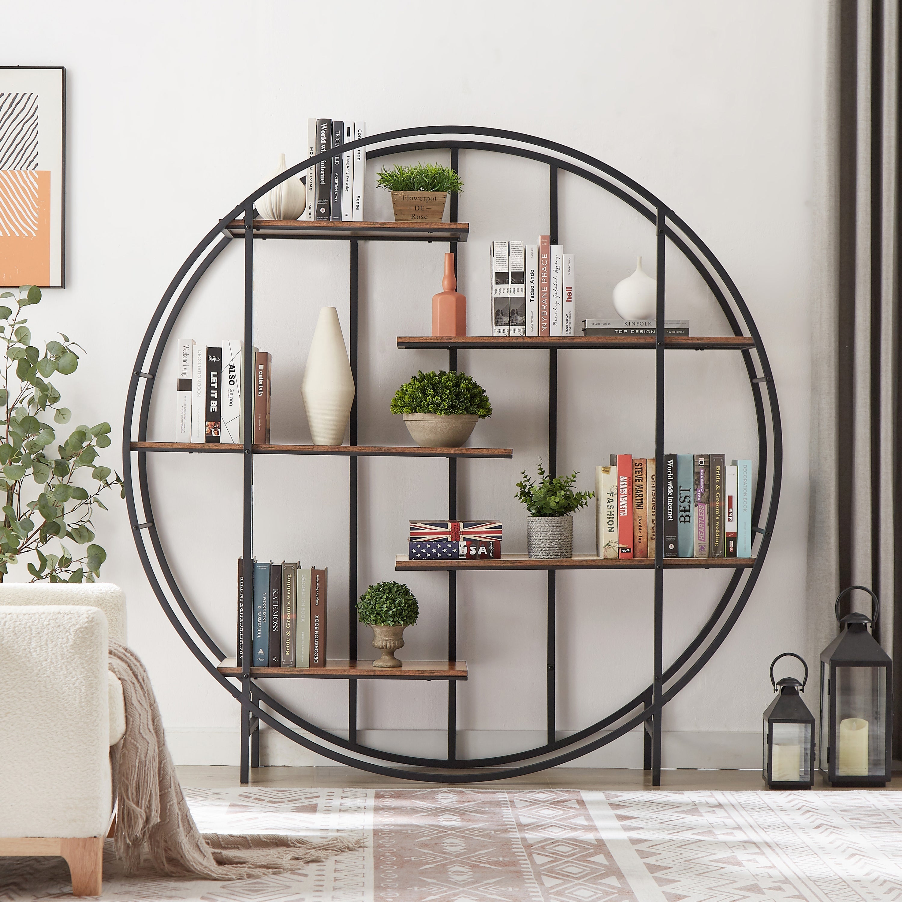 Round 5-Tier Metal Plant Stand bookcase storage rack, Indoor Living Room Terrace Garden Balcony Display Stand. Rustic Brown, 67&amp;#39;&amp;#39; W x 11.8&amp;#39;&amp;#39; D x 67&amp;#39;&amp;#39; H.