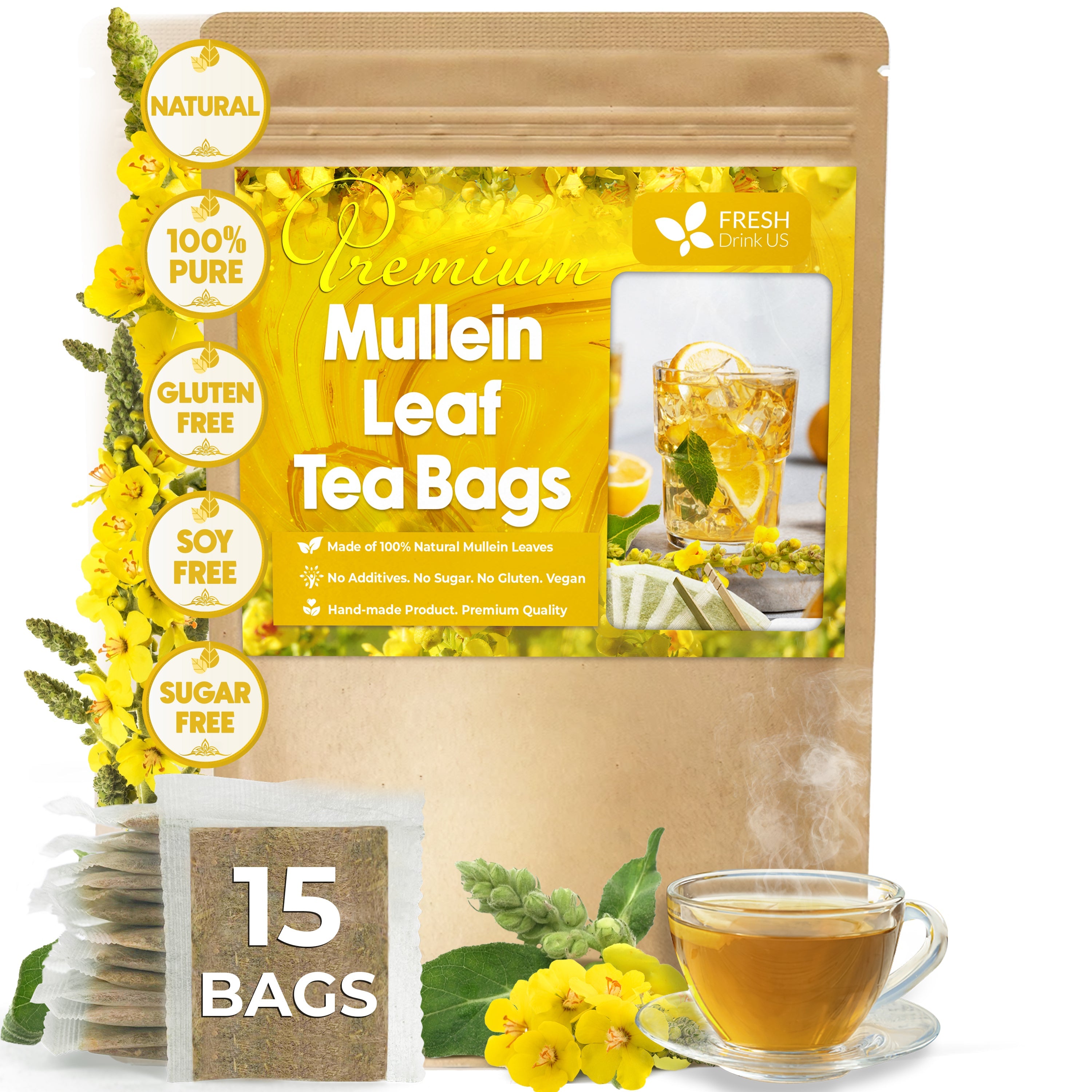 Mullein Leaf Tea Bags, 100% Natural &amp;amp; Pure from Mullein Leaves. Loose Leaf Mullein Herbal Tea. Made with Natural Material Tea Bags. No Sugar, No Caffeine, No Gluten, Vegan.