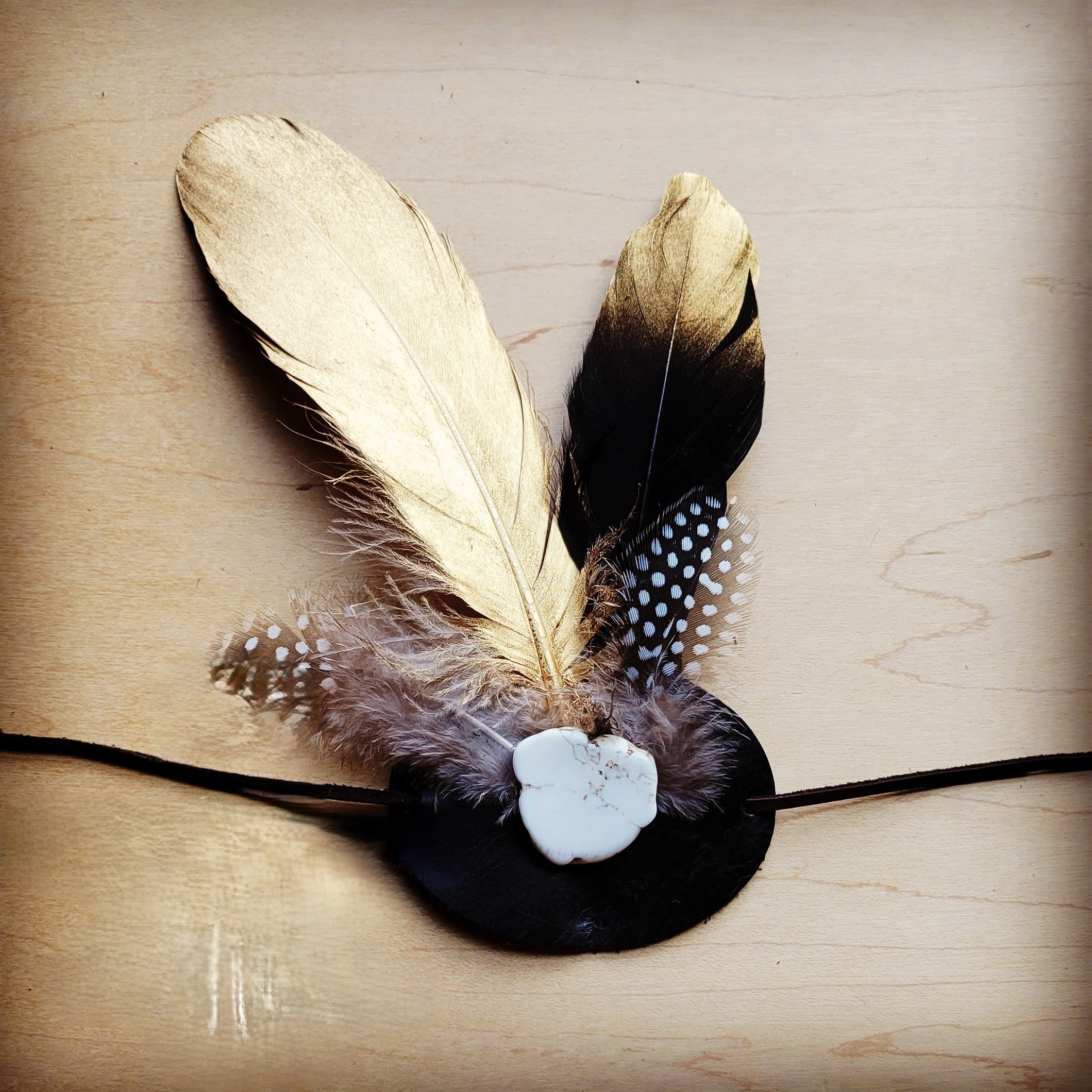 Gold Feather, White Stone &amp;amp; Black Leather Hat Band (Band only) 983h
