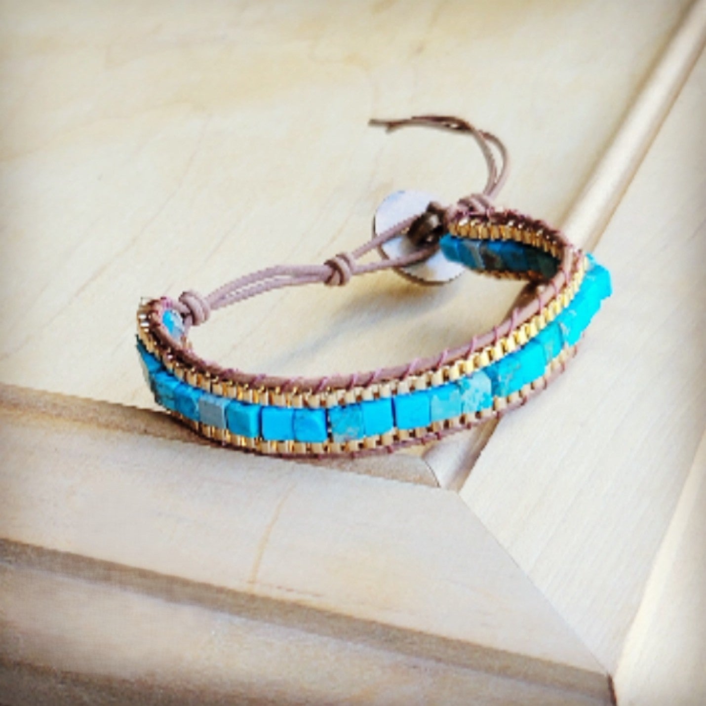 **Woven Turquoise &amp;amp; Bronze Stacked Stone Bracelet 809r