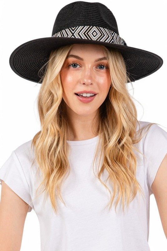 Aztec Jacquard Ribbon Straw Fedora Hat
