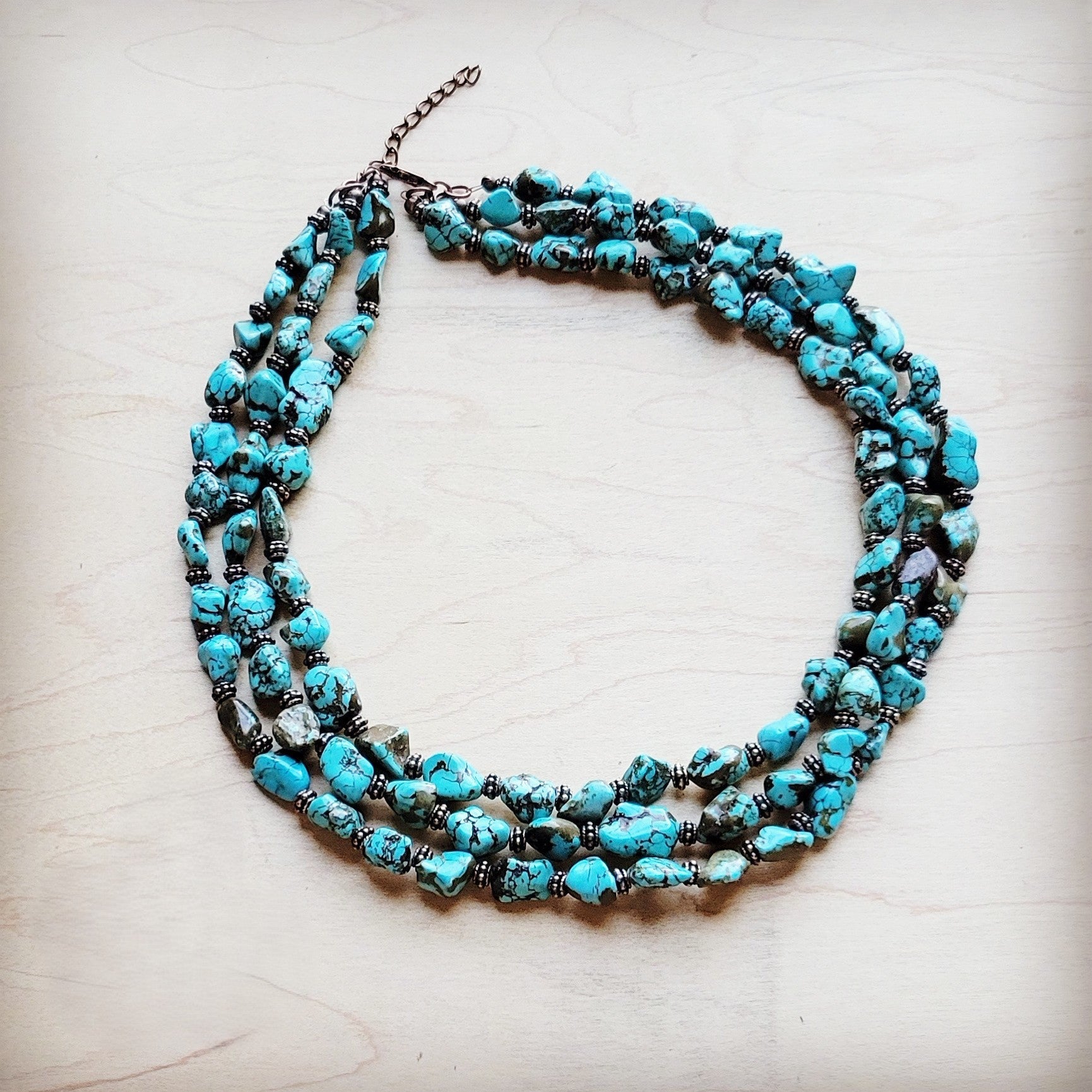 Triple Strand Blue Turquoise &amp;amp; Copper Collar Necklace 259e