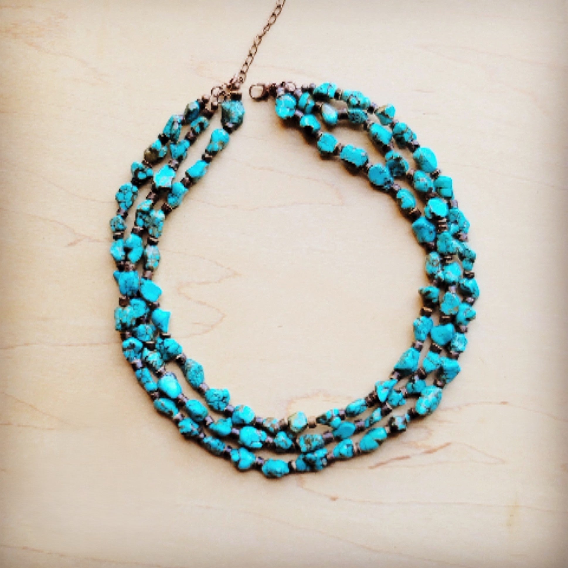 Triple Strand Blue Turquoise &amp;amp; Wood Collar Necklace 259f