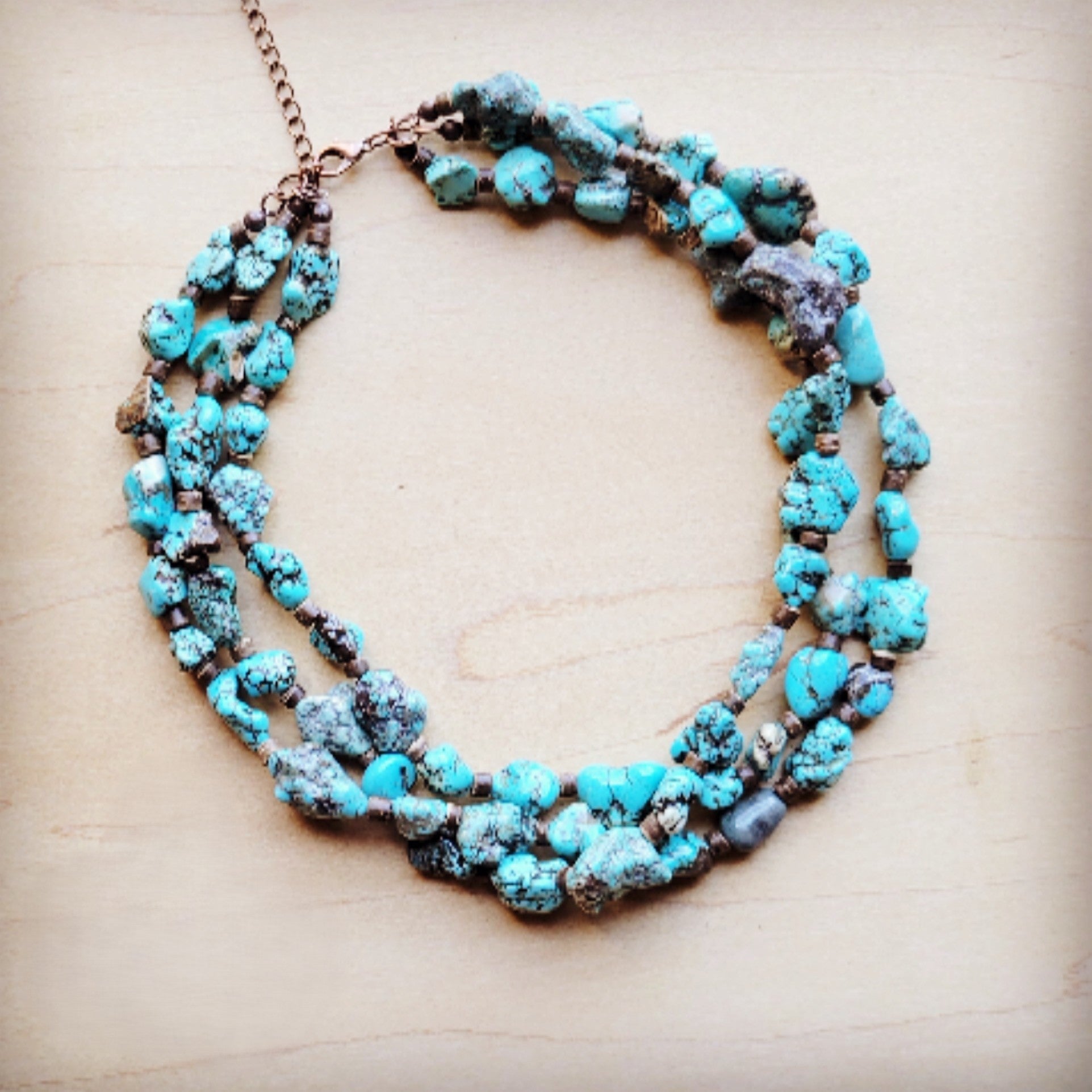 Large Triple Strand Blue Turquoise &amp;amp; Wood Collar Necklace 259g