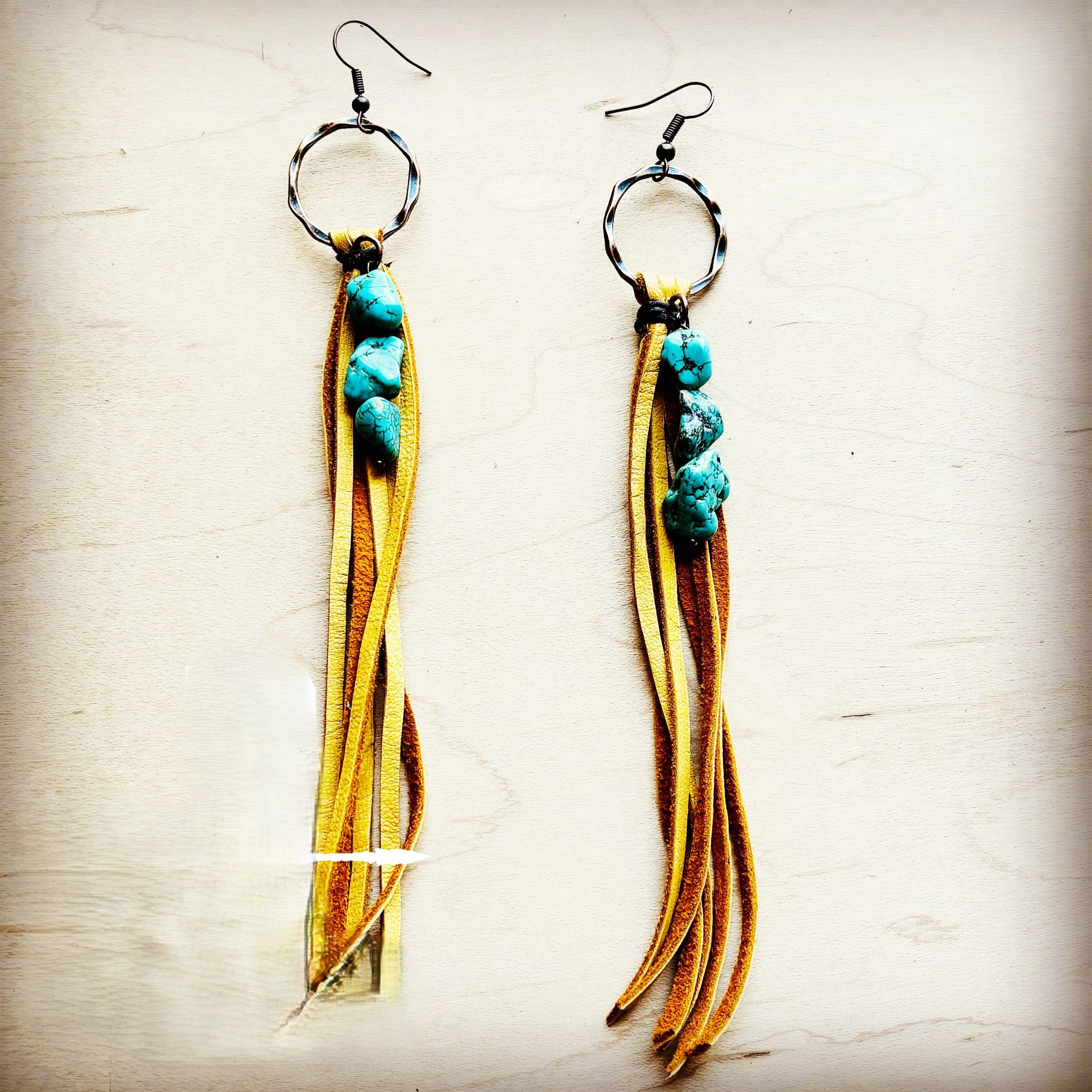 Leather Fringe Earrings with Turquoise Chunks Mustard 218o
