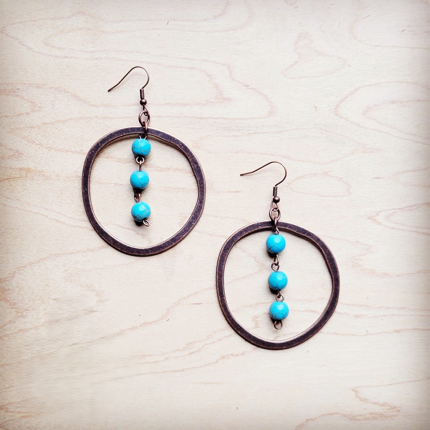 Western Copper Hoop Earrings w/ Blue Turquoise Beads 224f
