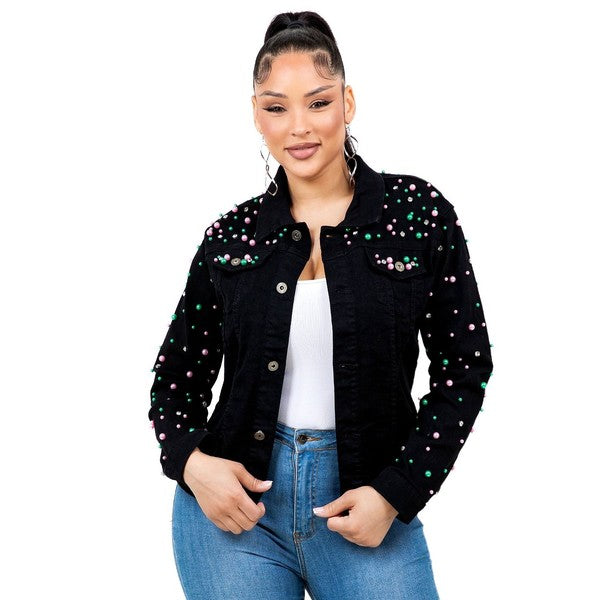 Pearls Rhinestone Black Denim Jacket Black PG