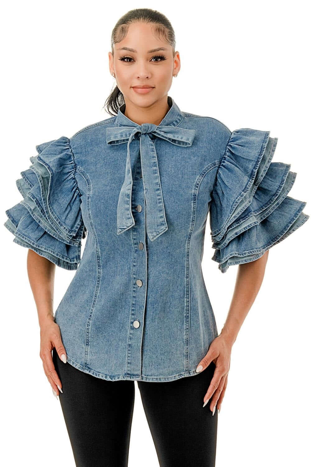 Denim Bow Blouse with Ruffle Sleeves {GREAT STRETCH}