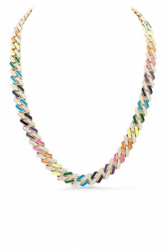 Multi Color Rhinestone Cuban Chain Necklace