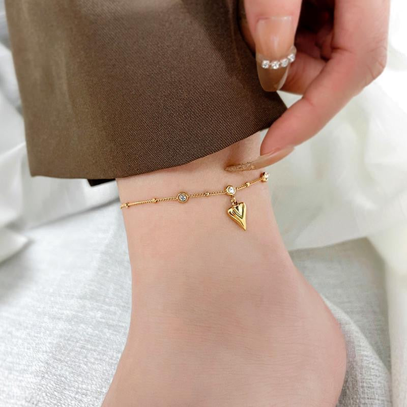 Golden Puff Heart with Diamonds Anklet