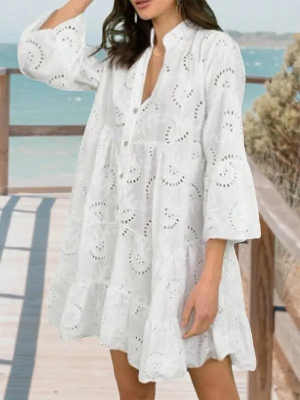 Cotton Embroidered Hollow Tiered Button Dress