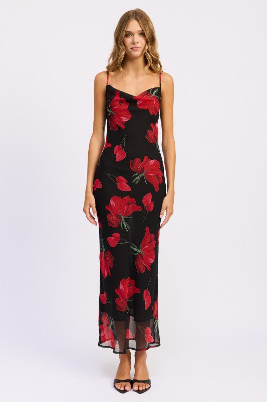 FLORAL PRINTED COWL NECK MAXI DRESS