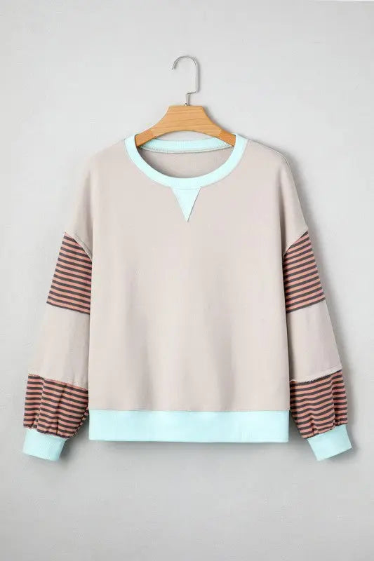 Cotton Colorblock Patchwork Striped  Sweatshirt