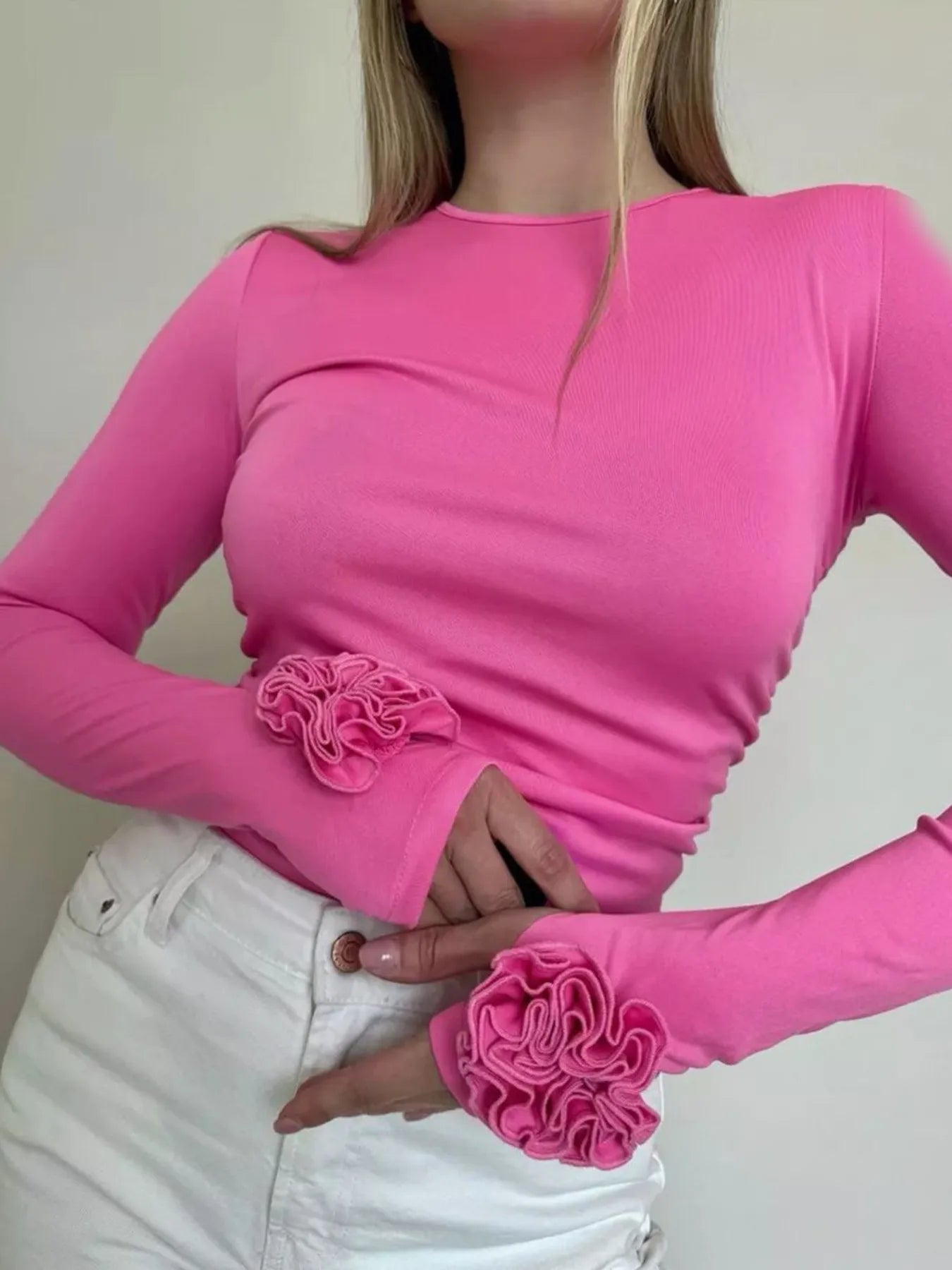 Flower Round Neck Long Sleeve T-Shirt