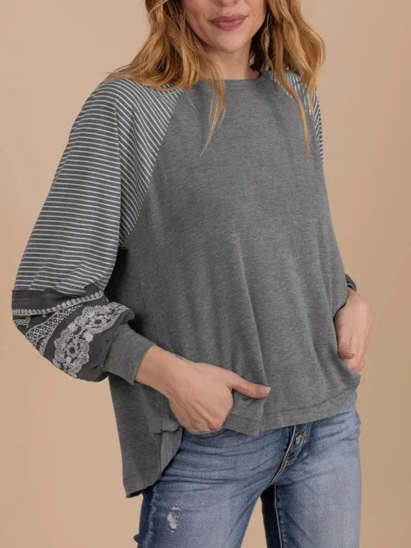 Viscose Striped Raglan Long Sleeve Loose Top