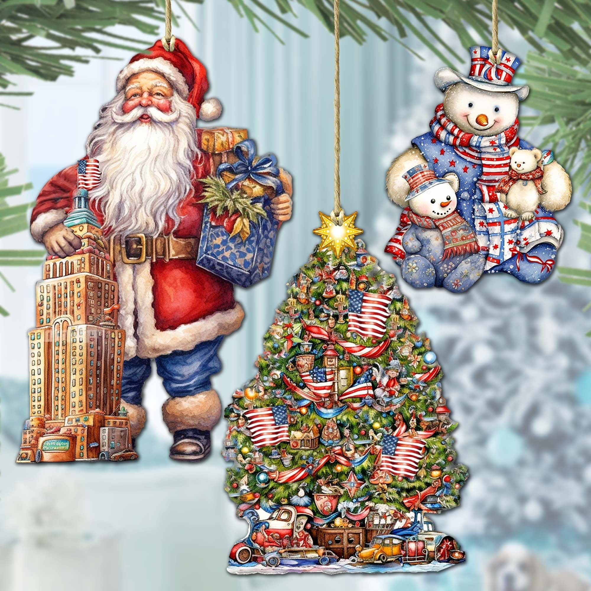 Santas Around the World - American Inspired Santa - Eco Wood Ornaments Set of 3 by G. DeBrekht Christmas Santa Snowman Decor - 8091301S3