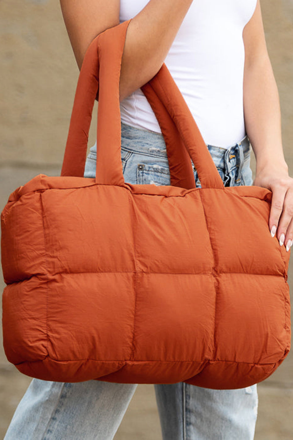 Cinnamon Solid Quilted Puffy Large Tote Bag With Zipper