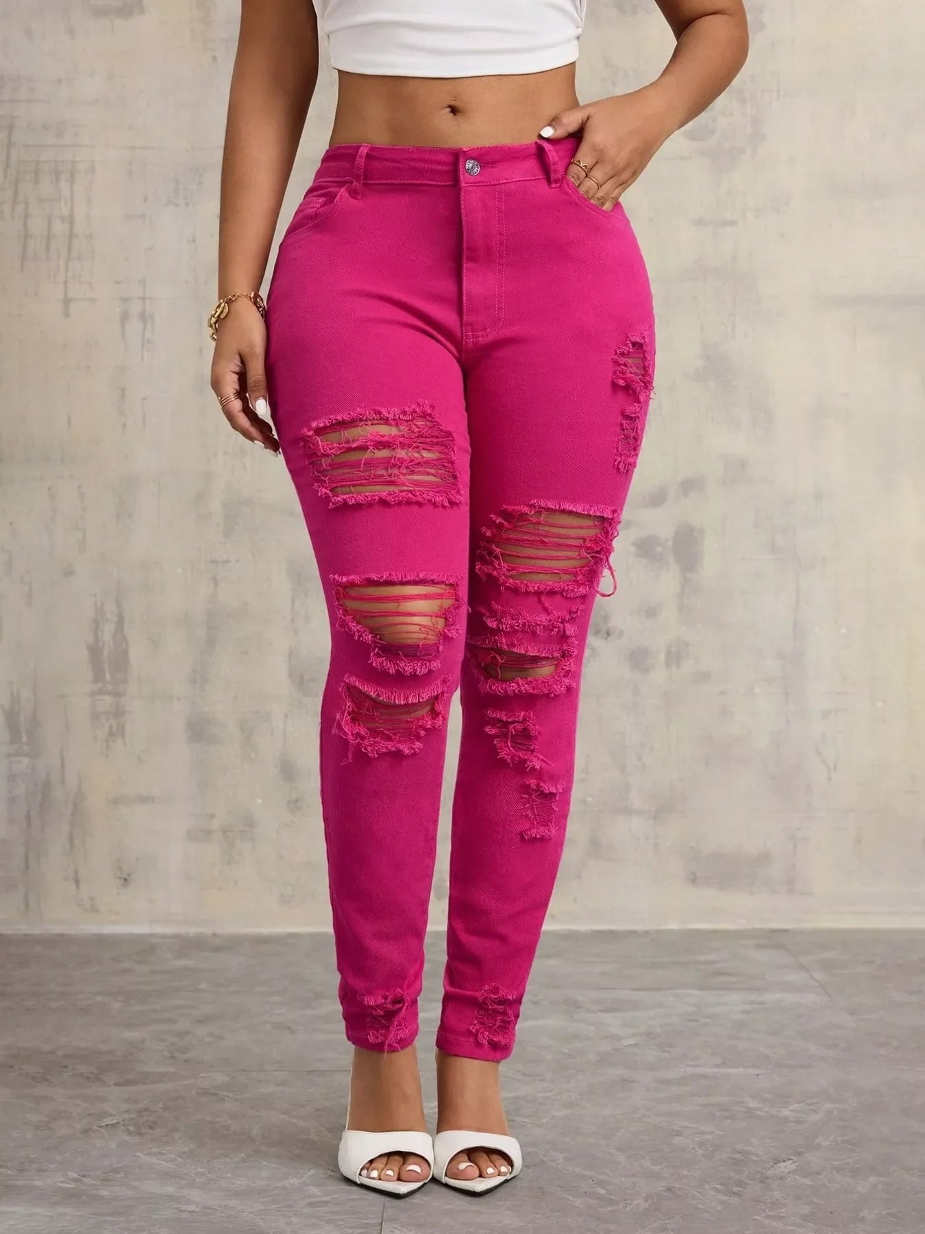Fuchsia Fierce Distressed High-Waisted Skinny Jeans