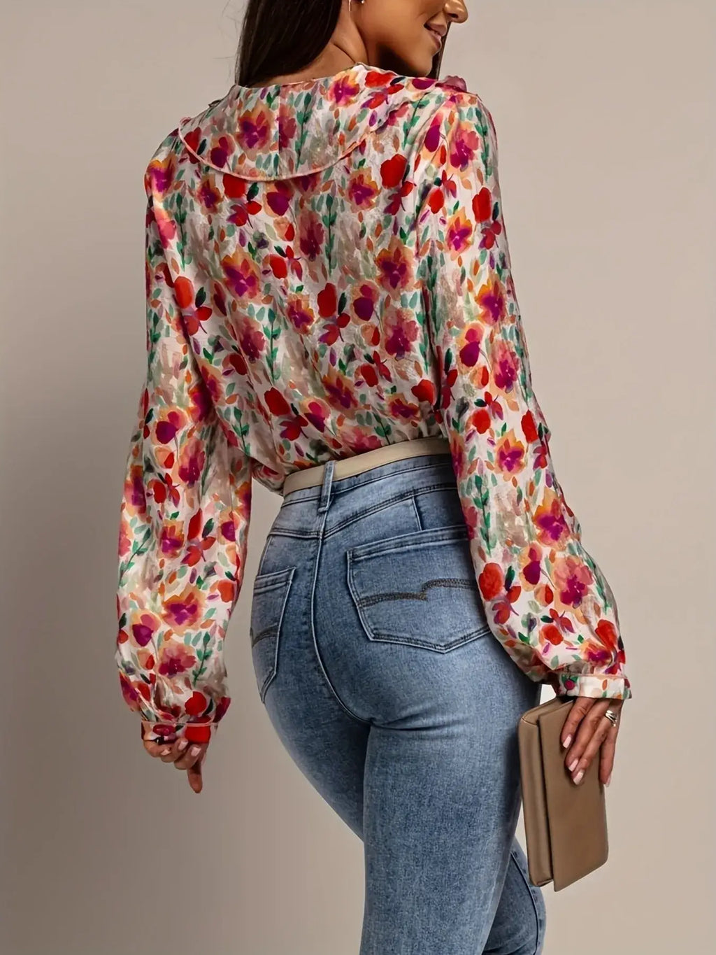 Floral Print Ruffle V Neck Long Sleeve Blouse For Women