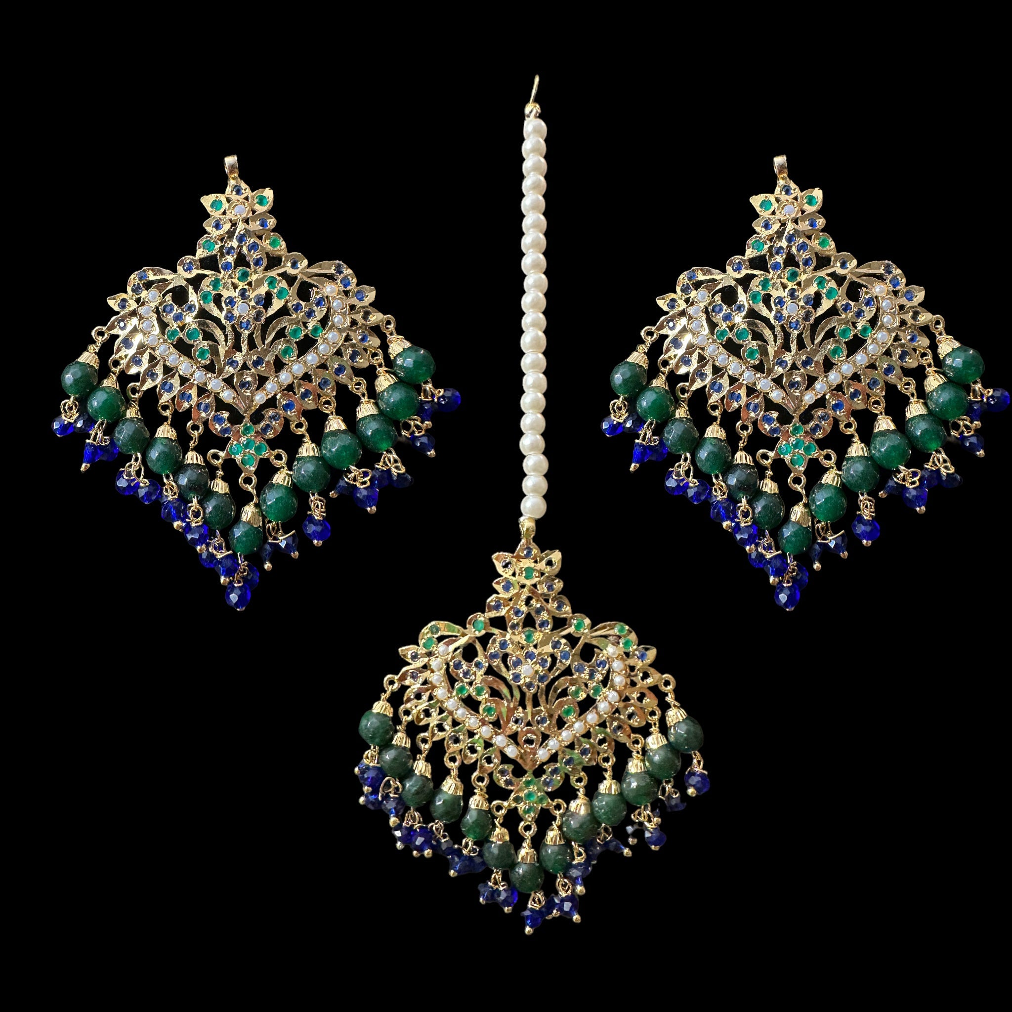 DJET58 Afreen emerald sapphire  earrings tika ( READY TO SHIP  )