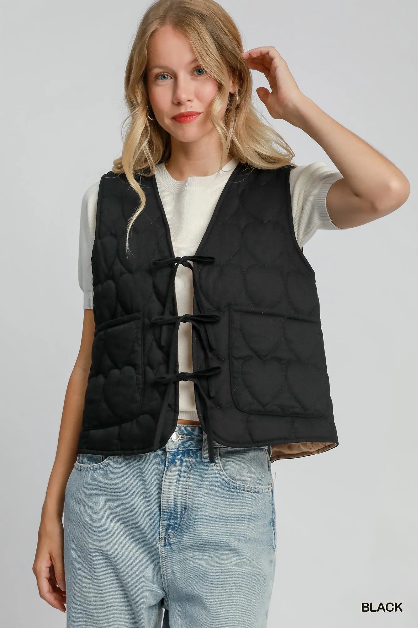 Umgee Heart Quilted Tie-Front Vest