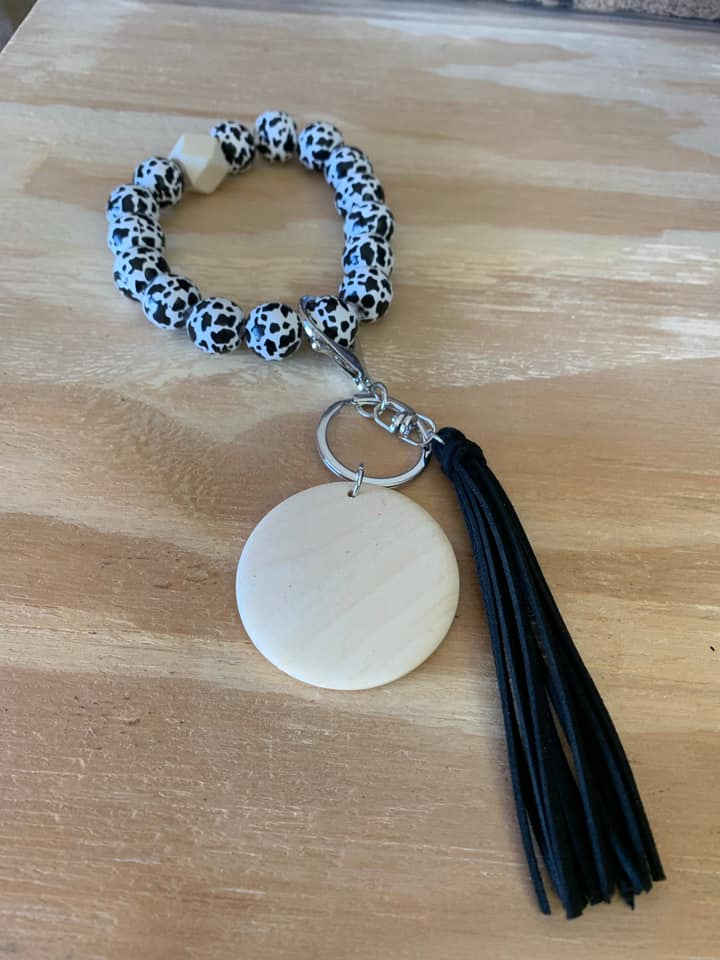 Wooden Keychain - Black &amp;amp; White Cow